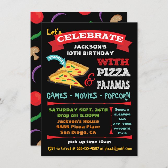 Chalkboard Pizza & Pyjamas Birthday Party Invitation (Front/Back)