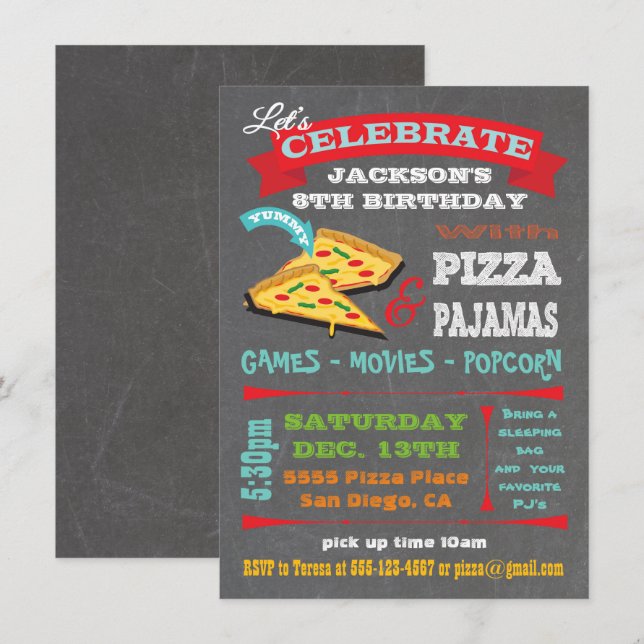 Chalkboard Pizza & Pyjamas Birthday Party Invitation (Front/Back)