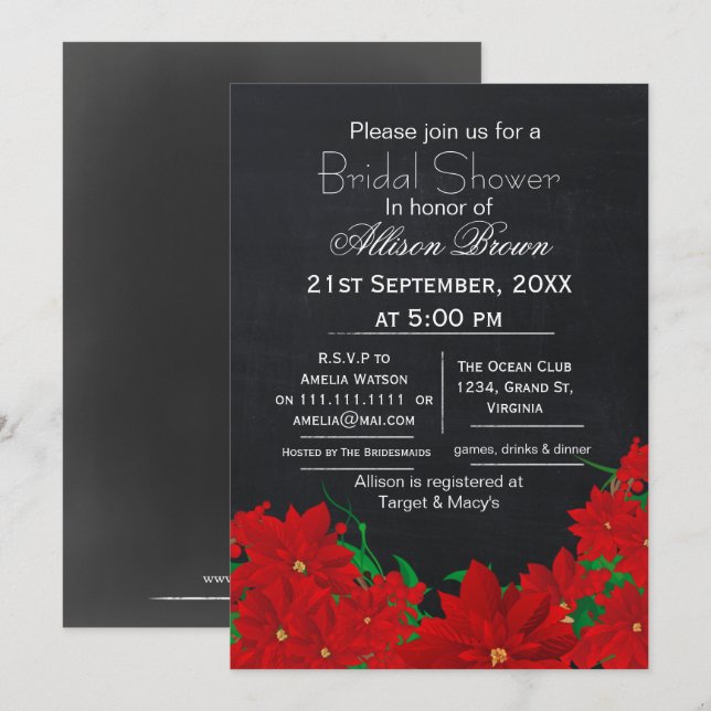 chalkboard poinsettias winter Bridal shower Invitation (Front/Back)