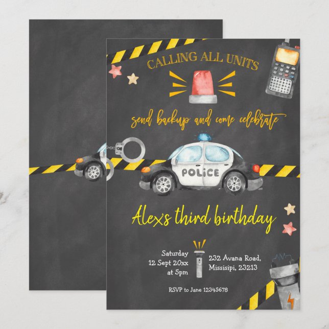 Chalkboard Police Anniversaire Fête Invitation (Devant / Derrière)