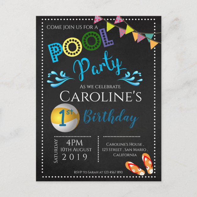 Chalkboard Pool Party 1er Anniversaire Invitation (Devant)