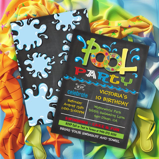 Chalkboard Pool Party with water splashes Invitation (Creator Uploaded)