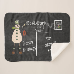 Chalkboard Postcard Old Fashion Green Snowman Sherpa Blanket