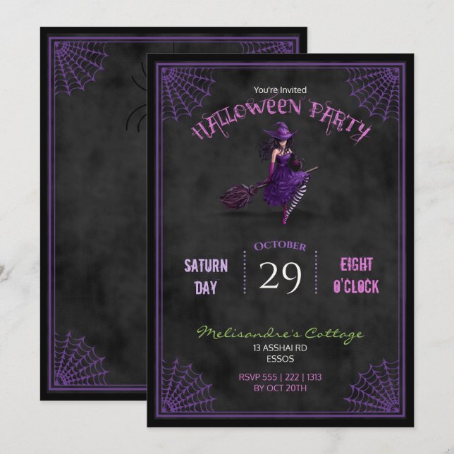 Chalkboard  Pretty Witch on Broom Halloween Invitation (Front/Back)