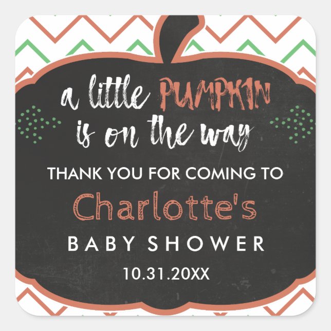 Chalkboard Pumpkin & Chevron Baby Shower Thank You Square Sticker (Front)