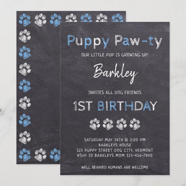 Chalkboard Puppy Pawty Dog Birthday Invitation (Front/Back)