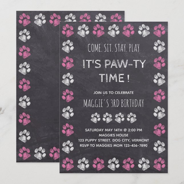 Chalkboard Puppy Pawty Pink Dog Birthday Invitation (Front/Back)