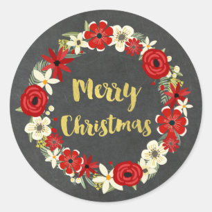 Chalkboard Red Floral Wreath Gold Christmas Classic Round Sticker