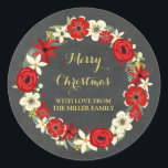 Chalkboard Red Floral Wreath Gold Christmas Classic Round Sticker<br><div class="desc">Merry christmas custom stickers with rustic country chalkboard pattern,  red and white vintage floral wreath and gold colour text.</div>