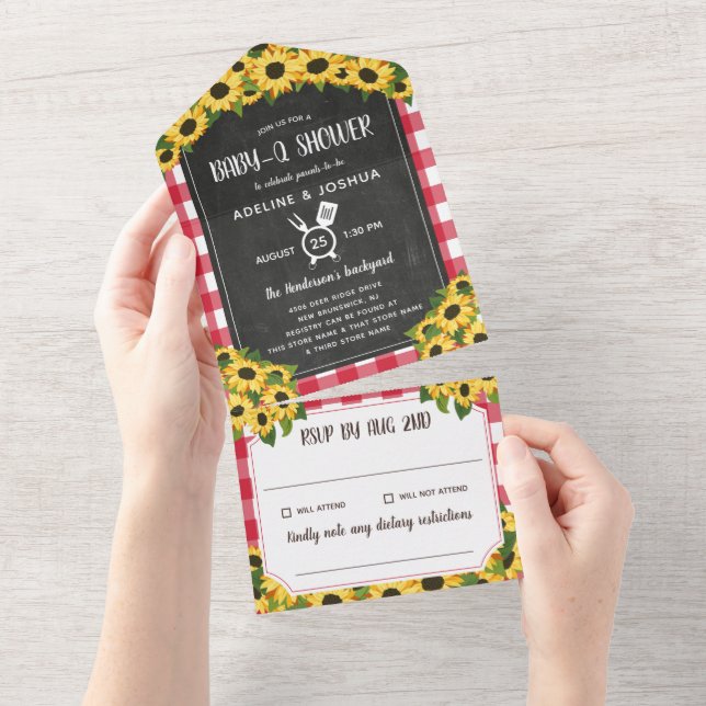 Chalkboard Red Gingham Sunflowers Baby-Q Shower All In One Invitation (Tearaway)