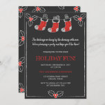 Chalkboard Red n White Hanging Stockings Christmas Invitation<br><div class="desc">Red and White hanging stockings and holly berry and leaves against a black chalkboard background. A whimsical Holiday fun invitation. The invitation can be easily customized for your event by adding your event details, font style, font size & colour and wording of your choice by clicking on the 'Personalize this...</div>