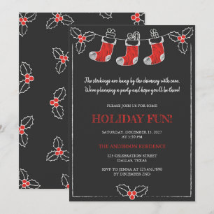 Chalkboard Red n White Hanging Stockings Christmas Invitation