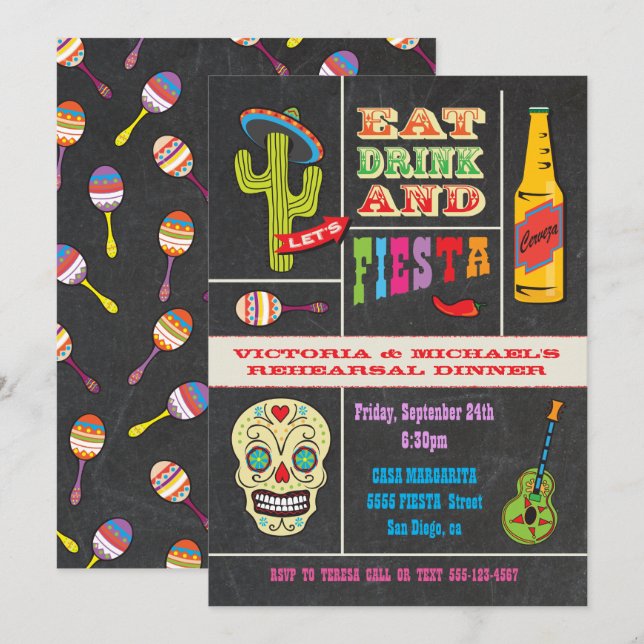 Chalkboard Rehearsal Dinner Mexican Fiesta Invitation (Front/Back)