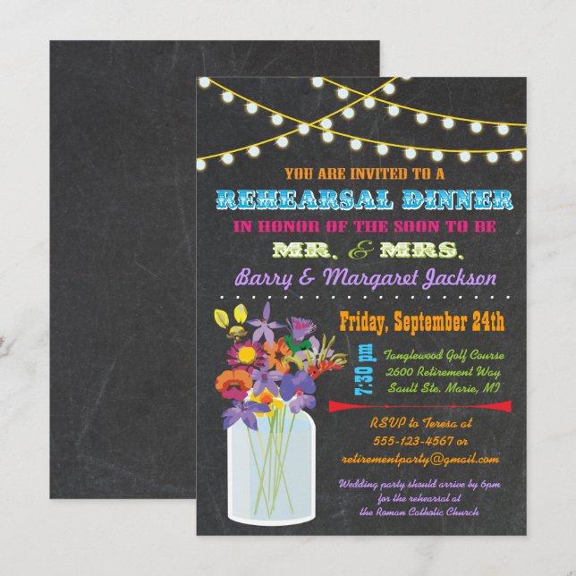 Chalkboard Rehearsal Dinner with mason jar flowers Invitation (Front/Back)