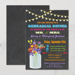 Chalkboard Rehearsal Dinner with mason jar flowers Invitation