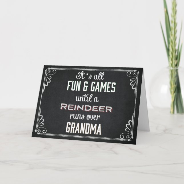 Chalkboard Reindeer Runs over Grandma Holiday Card (Front)