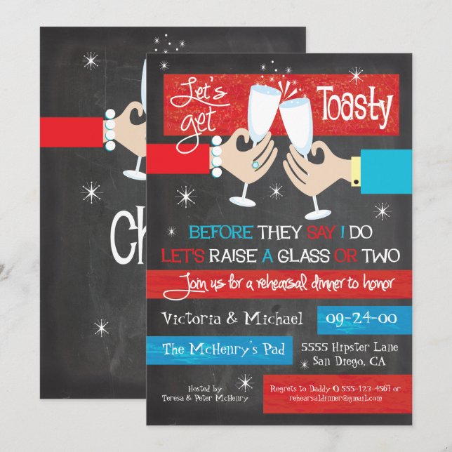 Chalkboard Retro Champagne Toast Rehearsal Dinner Invitation (Front/Back)