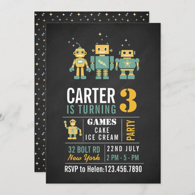 Chalkboard Robots Birthday Party Invitation (Front/Back)