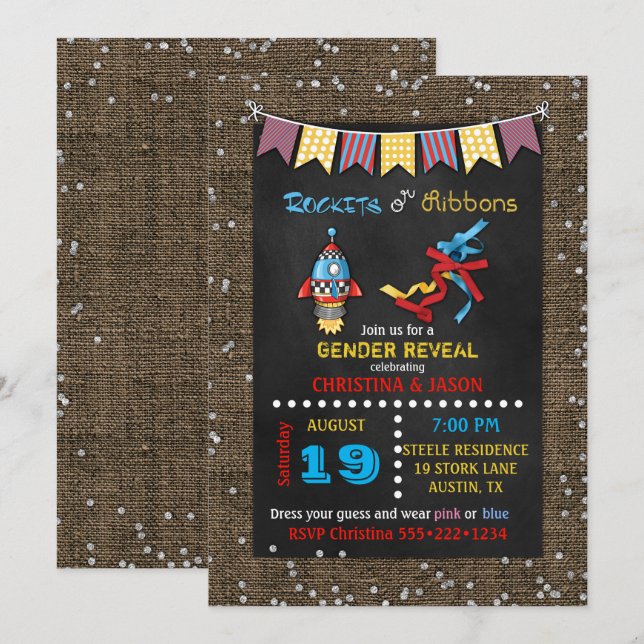 Chalkboard Rockets or Ribbons Gender Reveal Invitation (Front/Back)