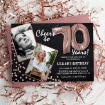 Chalkboard RoseGold Balloons 2 Photo 70th Birthday Invitation<br><div class="desc">Celebrating the BIG 70! These invites allow you to upload a before and after photograph of the birthday man or woman in a rose gold frame, with the title 'Cheers to 70 Years!'. Featuring a rustic chalkboard background, rose gold number helium balloons, faux rose gold glitter flecks and a simple...</div>