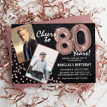 Chalkboard RoseGold Balloons 2 Photo 80th Birthday Invitation<br><div class="desc">Celebrate the milestone of stepping into the magnificant 80s with these unique 'Chalkboard Rose Gold Balloons 80th Birthday Invitations'. Enriched with a rustic chalkboard background and shimmering faux rose gold glitter flecks, these invites exude vintage charm and modern elegance. Upload a then-and-now photo of the birthday star and customize the...</div>