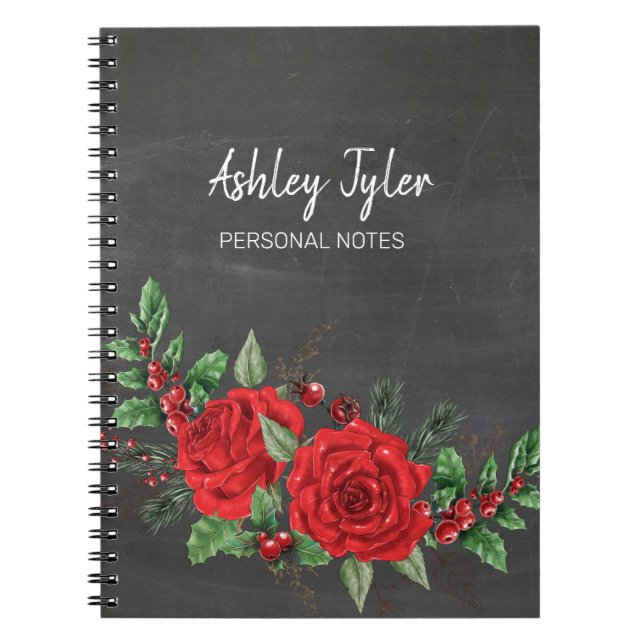 chalkboard roses holly berries girly personalized notebook (Front)