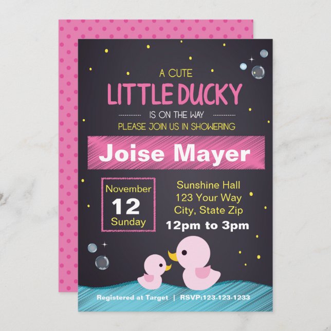 Chalkboard Rubber Ducky Invitation (Girl) (Front/Back)