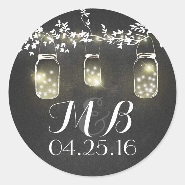 chalkboard rustic lights mason jars wedding classic round sticker (Front)