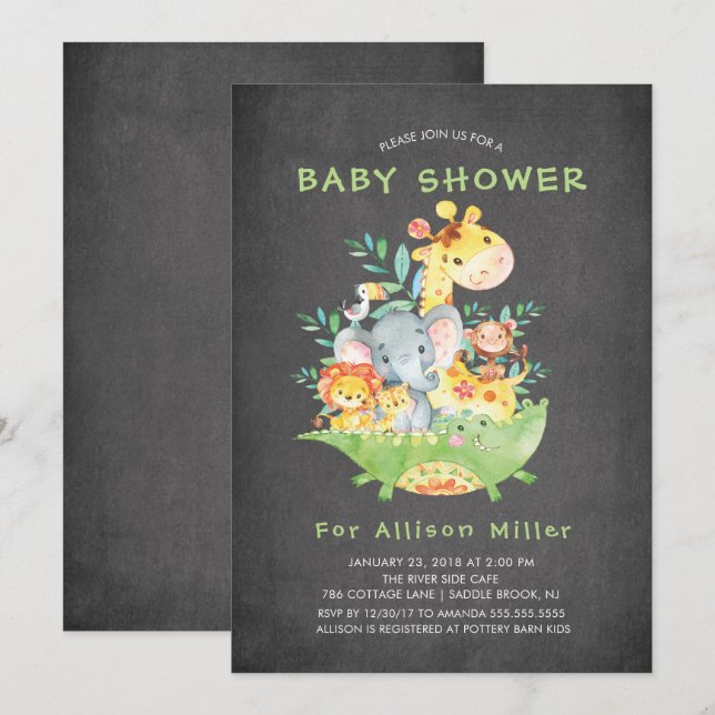 Chalkboard Safari Animaux Bébé Douche Invitations (Devant / Derrière)