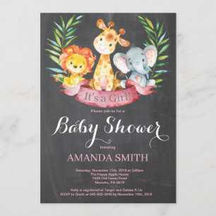 Chalkboard Safari Jungle Animals Girl Baby Shower Invitation