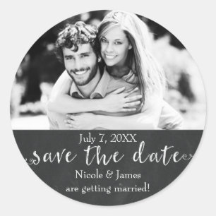Chalkboard SAVE THE DATE Chalk Wedding Photo Classic Round Sticker