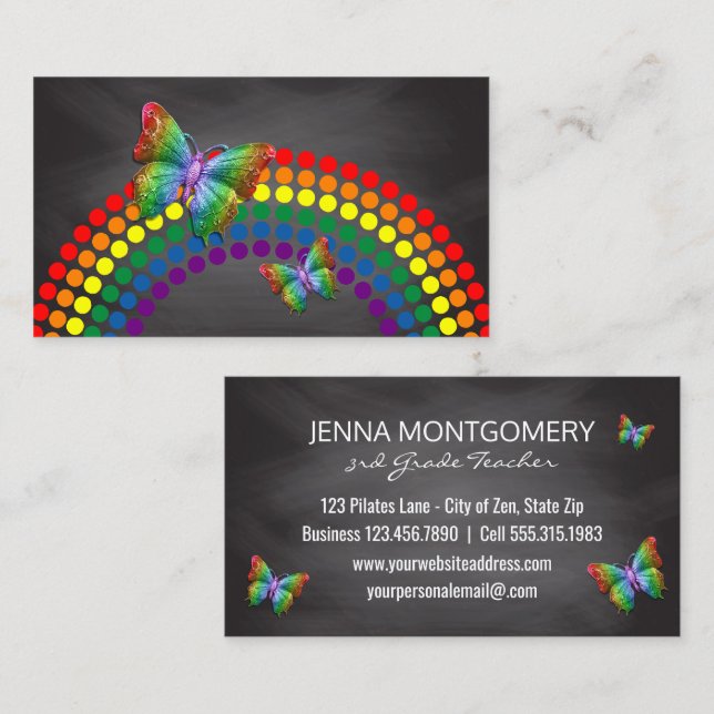 Chalkboard School Teacher | Rainbow Butterflies Business Card (Front/Back)