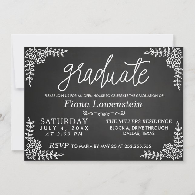 Chalkboard Script | Floral | Open House Graduation Invitation (Front)