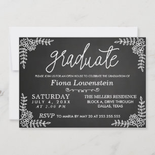 Chalkboard Script Floral Open House Graduation Invitation