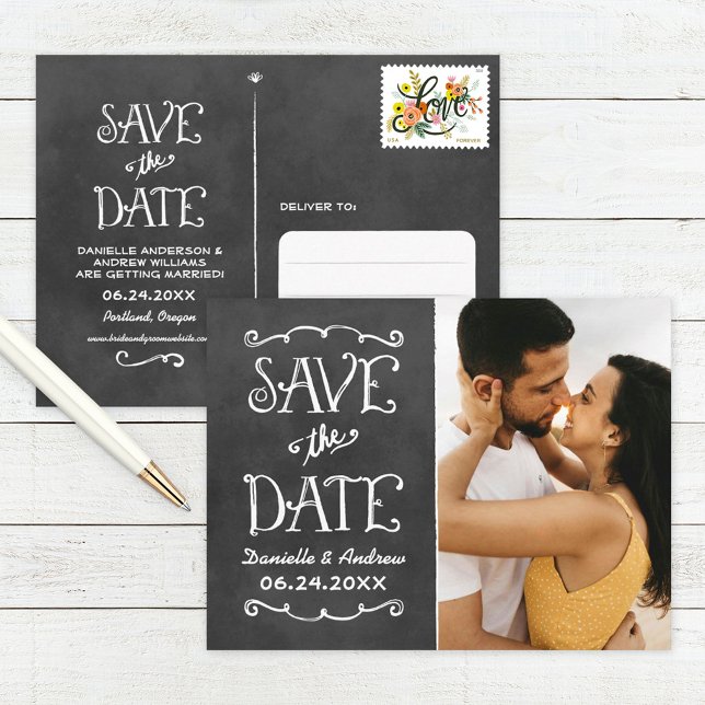 Chalkboard Script Photo Save the Date Announcement Postcard (Creator Uploaded)