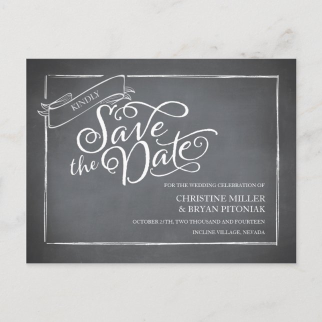 Chalkboard Script White Save the Date Announcement Postcard (Front)