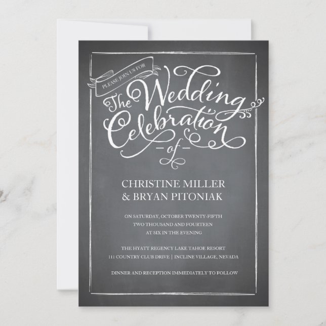 Chalkboard Script White Wedding Invitation (Front)
