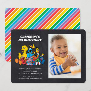 Chalkboard Sesame Street 1st Birthday with Photo Invitation
