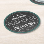 Chalkboard Sign Personalized Couple Pubhouse Round Paper Coaster<br><div class="desc">Green chalkboard background and blackboard circle plaque sign area graphic with customized text for the happy couple. Personalize the initials and surname,  and the established date for a unique wedding or anniversary gift.</div>