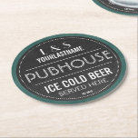 Chalkboard Sign Personalized Couple Pubhouse Round Paper Coaster<br><div class="desc">Green chalkboard background and blackboard circle plaque sign area graphic with customized text for the happy couple. Personalize the initials and surname,  and the established date for a unique wedding or anniversary gift.</div>