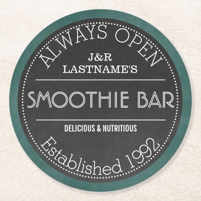 Chalkboard Sign Personalized Couple Smoothie Bar Round Paper Coaster (Front)