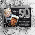 Chalkboard Silver Balloons 2 Photo 50th Birthday Invitation<br><div class="desc">Celebrating the BIG 50! These invites allow you to upload a before and after photograph of the birthday man or woman in a silver frame, with the title 'Cheers to 50 Years!'. Featuring a rustic chalkboard background, silver number helium balloons, silver glitter flecks and a simple birthday party template that...</div>