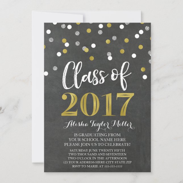 Chalkboard Silver Gold Confetti Graduation Party Invitation (Front)