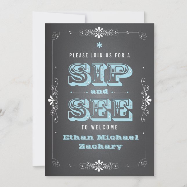 Chalkboard Sip and See Baby Boy Invitation (Devant)
