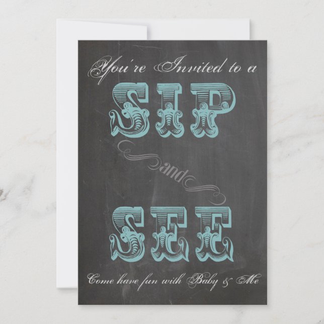 Chalkboard Sip and See Blue Baby Shower Invite (Front)