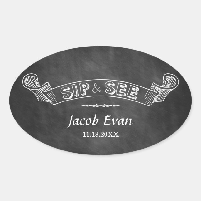 Chalkboard Sip and See Party Baby Oval Sticker (Front)