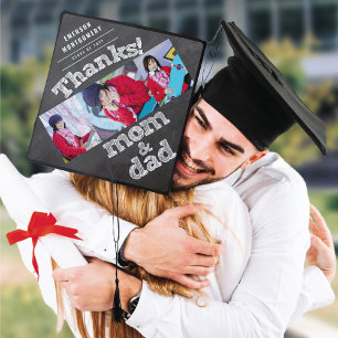 Chalkboard Sketch Thanks Mom & Dad Modern 3 Photo Graduation Cap Topper