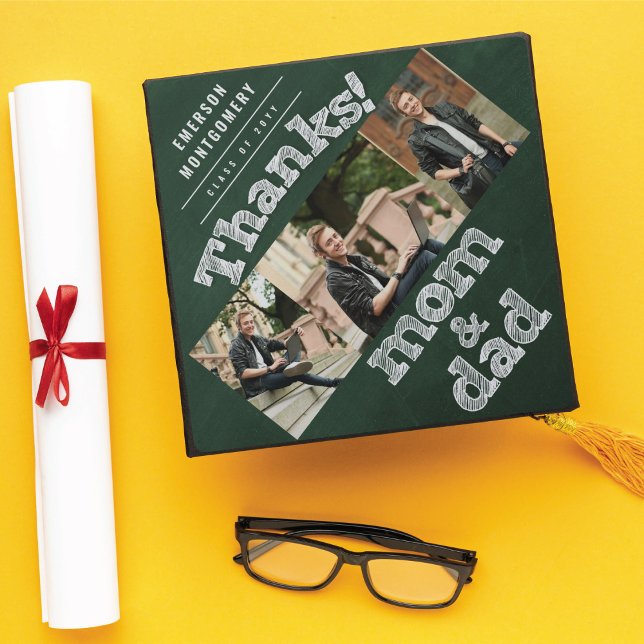 Chalkboard Sketch Thanks Mom & Dad Modern 3 Photo Graduation Cap Topper (Green Chalkboard Sketch Thanks Mom & Dad 3 Photo Graduation Cap Topper @ zazzle.com/color_therapy)
