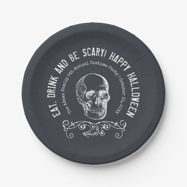 Chalkboard Skull Personalized Halloween Party Paper Plate (Front)