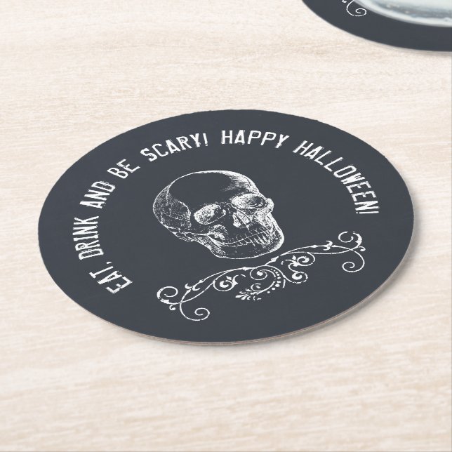 Chalkboard Skull Personalized Halloween Party Round Paper Coaster (Angled)